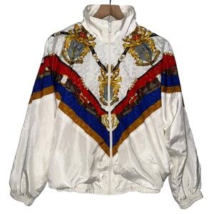Vintage 90s Tracksuit Jacket Women's White Multicolor‎ Windbreaker Jacket